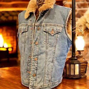 *Nice* Jag Jean Blue Denim Vest Women's Large Faux Fur Lined size L